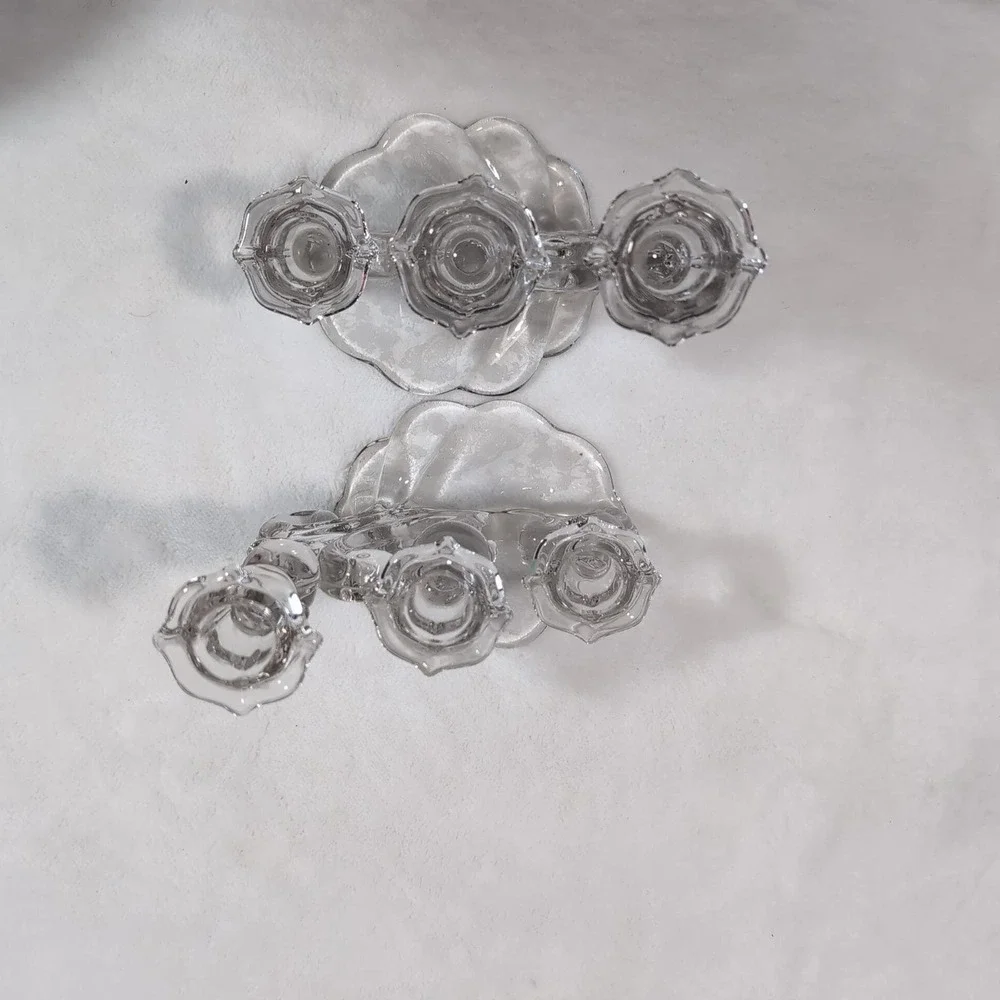 Vintage Cambridge Rose‎ Point Glass Candelabra Pair 3 Tier Etched Candlesticks